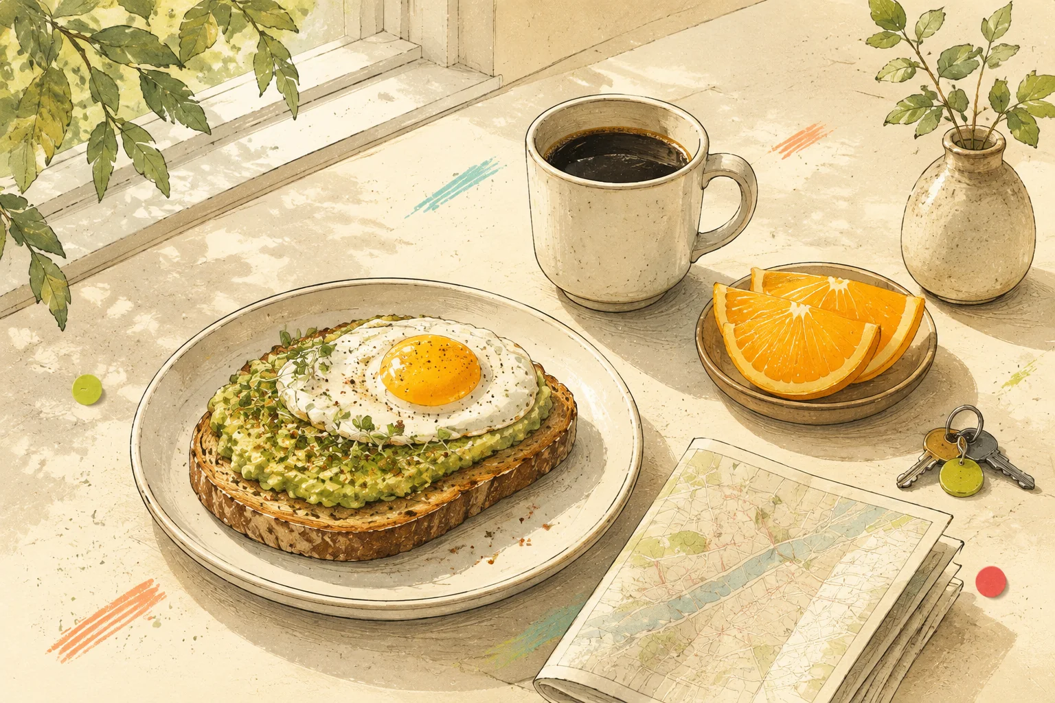A hand-drawn breakfast table with avocado toast, coffee, orange slices, keys, and a folded map.