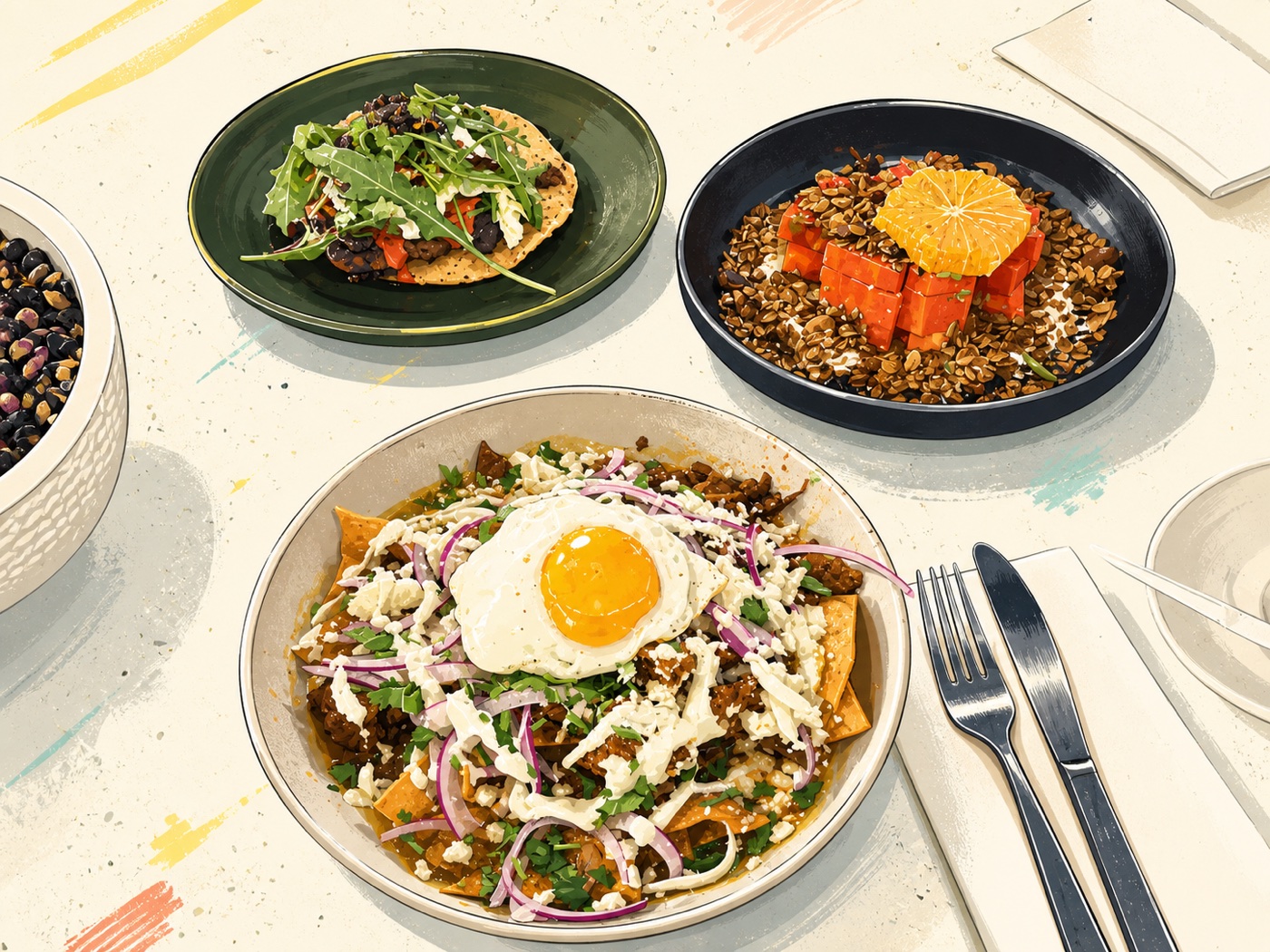A hand-drawn table of colorful breakfast dishes, ready to be explored with Kantu.