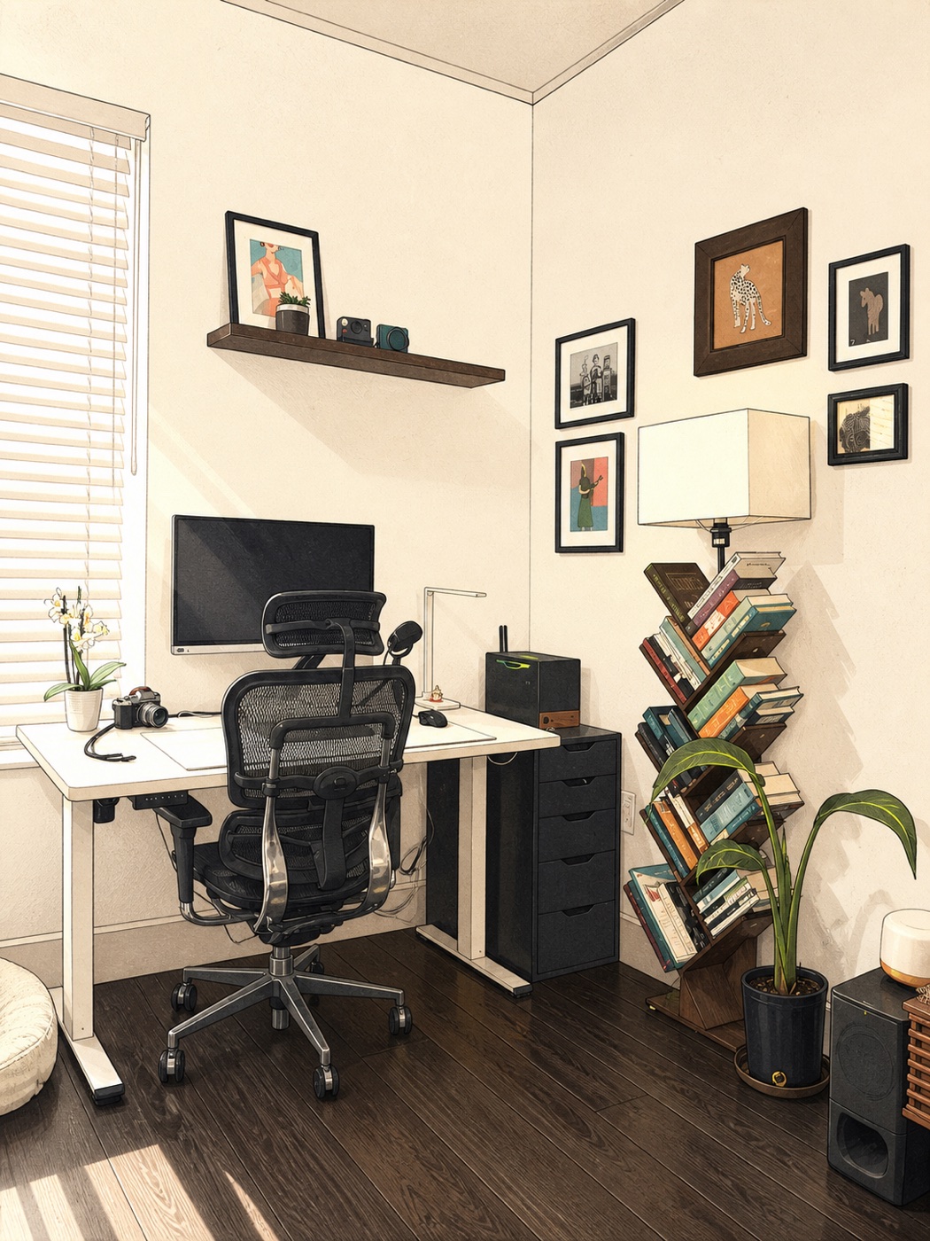 A hand-drawn home office with a desk, chair, lamp, bookshelf, and plant.