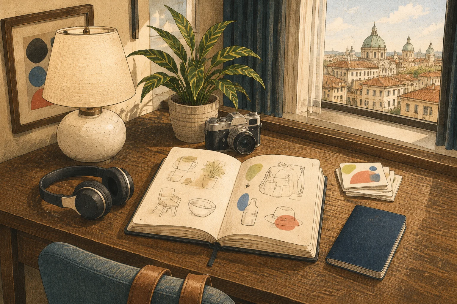 A hand-drawn travel desk with headphones, camera, sketchbook, flashcards, and a city view.